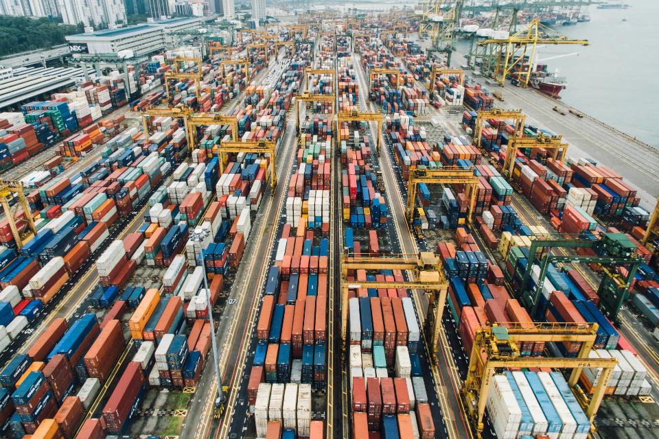 Aerial view of a crowded container port.